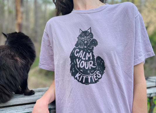 Calm Your Kitties T-Shirt with funny cat pun on botanical dyed oversized shirt, calming shirt, cat lover gift
