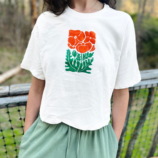 California Poppy Flower Tshirt for ladies crop top, boxy fit, linocut stamped shirt, summer shirt, flower child